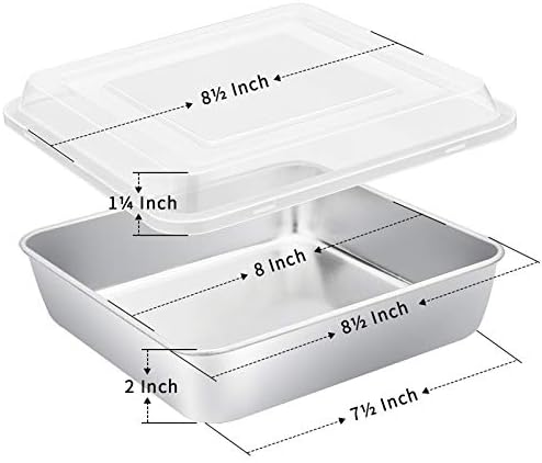 E-far 8 x 8-Inch Baking Pan with lid, Square Cake Brownie Baking Pans Stainless Steel Bakeware Set of 2, Non-toxic & Healthy, Easy Clean & Dishwasher Safe - 4 Pieces(2 Pans + 2 Lids)
