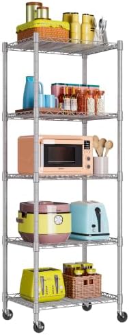 REGILLER 5-Wire Shelving Metal Storage Rack Adjustable Shelves,Standing Storage Shelf Units for Laundry Bathroom Kitchen Pantry Closet(Silver,11.8" D x 16.6" W x 53.5" H,With Wheels)