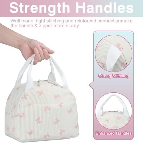 TESAFNG Lunch Bag - Insulated Lunch Box for Women, Reusable Large Capacity Cooler Bag for Adult, Small Leakproof Cute Corduroy Lunch Tote for Work Office Travel Picnic (Pink Bow)