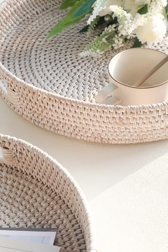 HITOMEN 14.2" Hand-Woven Round Rattan Serving Tray Decorative Ottoman Wicker Platter with Handles for Coffee Table, Breakfast, Drinks, Snack, Bread, Fruit, Vegetables (Whitewash-L)