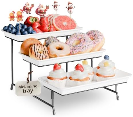 Bumusty 3-Tier Melamine Serving Tray Set, 11.5 x 5.6 in, Black Stand