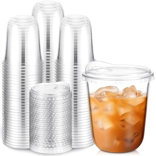 Baderke 100 Pcs Round Bottom Plastic Cups with Lids Clear Togo,12 Oz