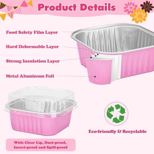 selizo 60 Pack 10oz Mini Disposable Cake Pans with Lids, Aluminum Foil Square Baking Cups, 4.4x4.4 Large Baking Cake Tins Cup Cake Containers with Lids for Thanksgiving Individual Cakes