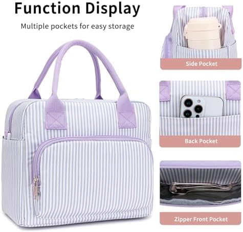 Lunch Bag Women Lunch Box for Women Adult Cute Insulated Lunch Bag Lager Cooler Lunch Tote Bags for Work Picnic (Purple Stripes)
