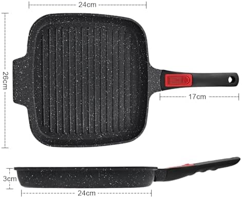 RANX INGST Griddle Pan with Detachable Handle, 10 Inch Cast Aluminium Non Stick Steak Pan for Induction Hob, Black