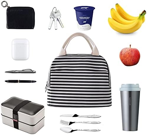 EurCross Canvas Lunch Tote Bag for Women for Work with Black and White Stripes, Reusable Insulated Meal Prep Preppy Lunch Box Bag for Daily Use, Cute Lunch Cooler Bento Boxes Bags