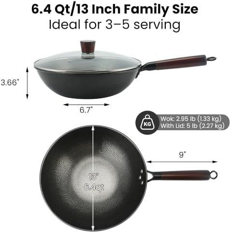 13 Inch Carbon Steel Wok with Lid, Large Flat Bottom Woks & Stir-Fry Pan