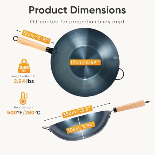 NEWBULIG 13.5" Carbon Steel Wok Pan, Pre-Seasoned Flat Bottom Wok for Stir Fry, BBQ, Grill & Camping, Compatible with Induction, Electric, Gas and Open Fire, Blue