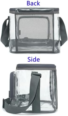 FlowFly Insulated Reusable Lunch Bag Adult Large Lunch Box for Women and Men with Adjustable Shoulder Strap,Front Zipper Pocket and Dual Large Mesh Side Pockets,Clear#Grey