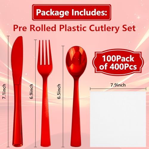 400PCS Pre Rolled Red Plastic Silverware Sets Heavy Duty for Wedding