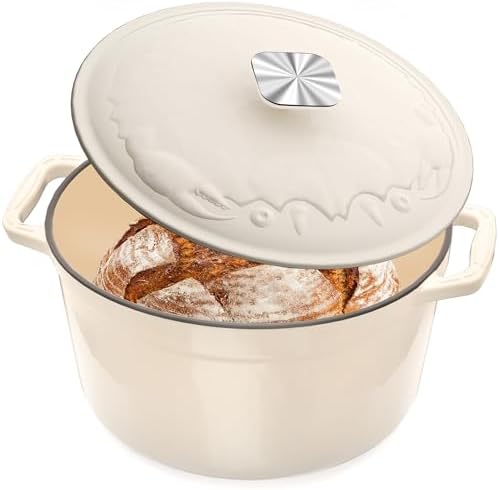 Enameled Cast Iron Dutch Oven - 5QT Dutch Oven Pot with Crab Lid & Oversized Knob & Ergonomic Handles - Heavy Duty Cookware for Braising, Stews, Roasting, Bread Baking - Cream White