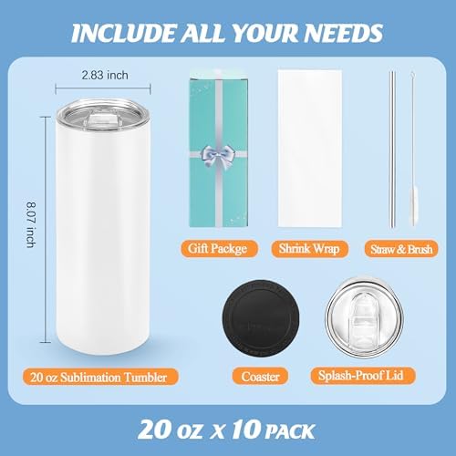 Joyclub Sublimation Tumblers 20 oz 10 Pack Skinny Cups with Colored Lids