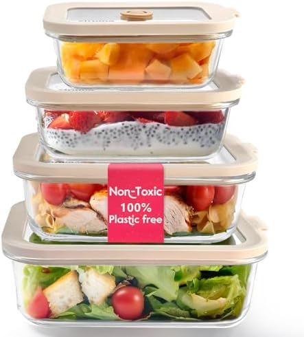 Non-Toxic Glass Food Containers with Lids, 4-Pack, Multi-Size, Beige