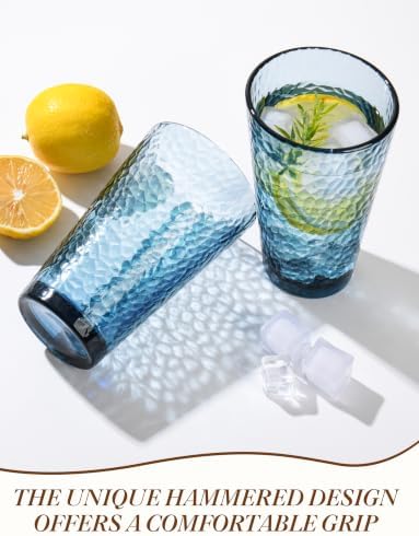 Amyoole Drinking Glasses Set of 8, 16oz Blue Hammered Glass Cup for Kitchen