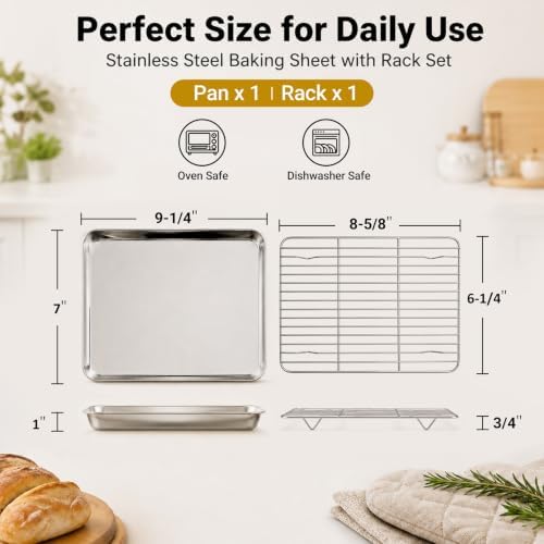 Onader Baking Sheet with Cooling Rack Set, 9¼ x 7 Inch Small Cookie Sheets for Baking, Stainless Steel 1/8 Sheet Pan and Wire Rack Set, Metal Toaster Oven Pan Tray, 1 Pan + 1 Rack