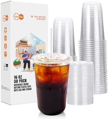 Turbo Bee Disposable Plastic Cups with Lids and Straws, 16 OZ, 50 Pack