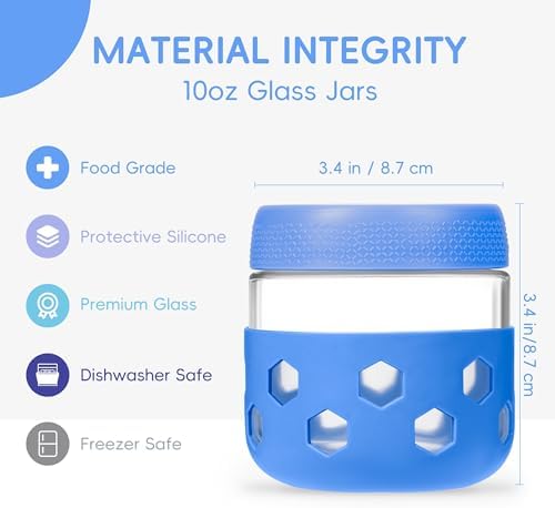 Gemice 6-Pack 10 oz Overnight Oats Containers with Lids and Silicone Sleeves, Glass Mason Jars with Airtight Lid, Dishwasher Safe, Wide Mouth Chia Seed Pudding Meal Prep Jar for Yogurt Berries Snack