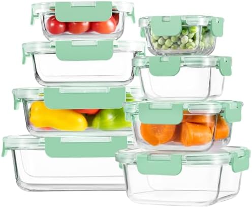 8 Pack Glass Food Storage Containers with Snap Locking Lids for Meal Prep
