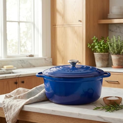 Zulay Kitchen 5 Quart Enameled Cast Iron Dutch Oven Pot with Lid – Premium Durability & Oven Safe up to 500°F – Heavy Duty Cookware Perfect for Bread Baking, Stews, Braising & Roasting – Blue