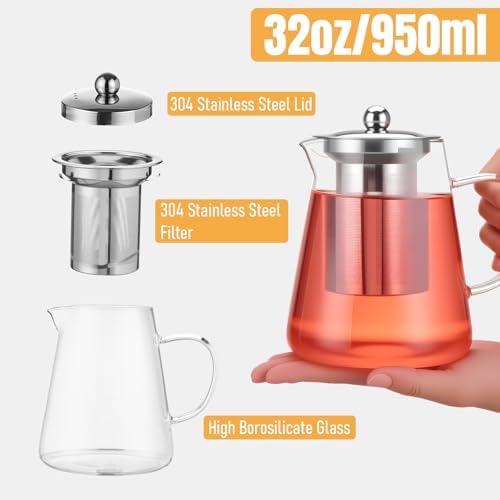 Baalaka Tea Infuser Pot, 32 oz Clear Borosilicate Glass Kettle, Stovetop