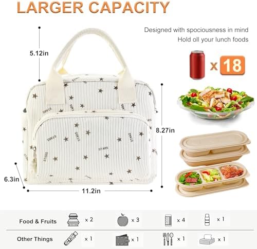 Mziart Lunch Box for Women Men, Large Cute Insulated Lunch Bag Leakproof Thermal Lunchbox Cooler Tote Bags with Adjustable Strap for Work Picnic Travel (Beige Stars)