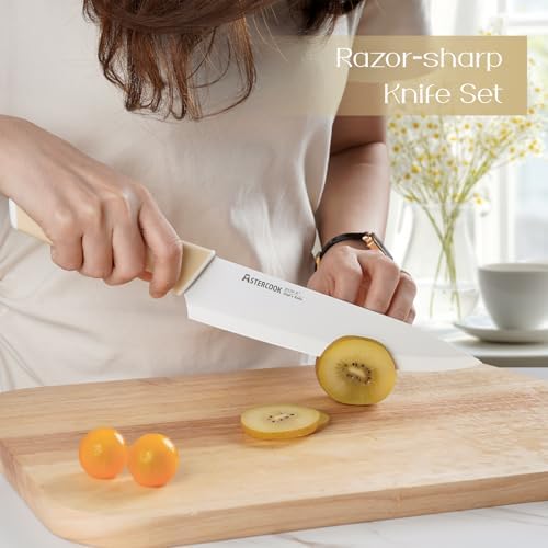 Astercook Kitchen Knife Set with Block and Sharpener 15 Piece Knives Set German High Carbon Stainless Steel Sharp Blade Dishwasher Safe with Ergonomic Handle Yellow
