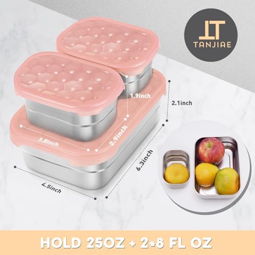 Tanjiae Small Stainless Steel Lunch Containers for Kids | Leak Proof Snack Containers with Silicone Lids - Perfect Metal Lunch Box with Lids for School and Daycare (25oz+8oz*2)