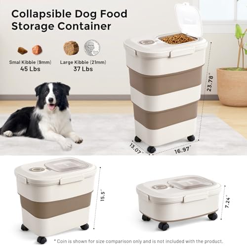 ZOMISIA 40-50lbs Collapsible Dog Food Storage Container with Wheels, Brown