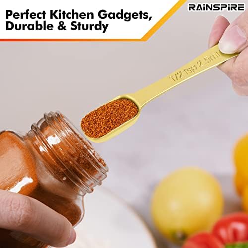 Rainspire Heavy Duty Measuring Spoons Set Stainless Steel, Metal Measuring Cups and Spoons Set for Dry or Liquid, Fits in Spice Jar, Home Gadgets Kitchen Gadgets, Set of 7 Including Leveler, Gold