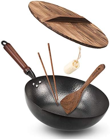 BIELMEIER Wok Pan 12.5", Woks and Stir Fry Pans with lid, Carbon Steel Wok with Cookware Accessories, Flat Bottom Suits for all Stoves