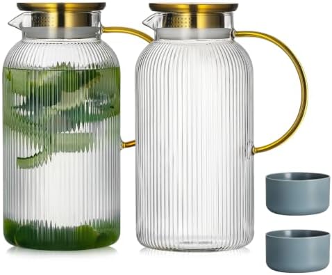 Buaic 2 PACK Glass Pitcher with Lid, 68 oz Glass Carafe with Silicone Base