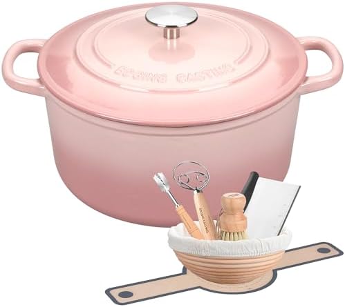EDGING CASTING Enameled Cast Iron Dutch Oven with Sourdough Bread Baking Kit, Bread Dutch Oven with Lid, Includes Proofing Basket & Baking Tools, 5qt, Pink