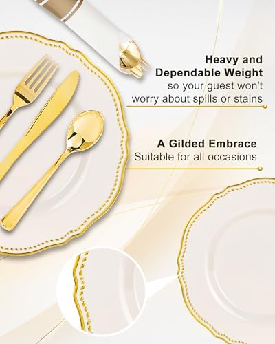 Hioasis 175 Pcs Ivory Gold Plastic Plates Wedding & Party