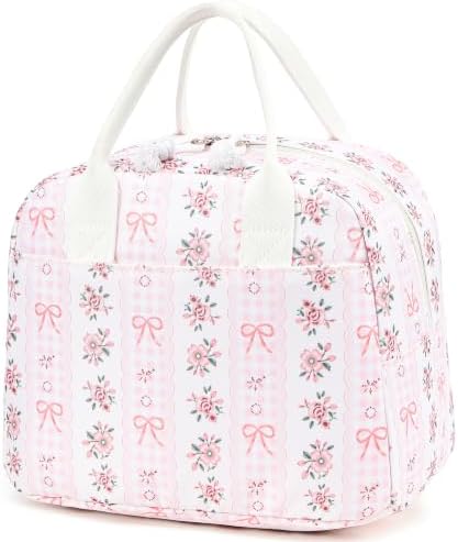 LOVELYWIND Lunch Box for Women, Insulated Lunch Bag, Pink Floral Tote