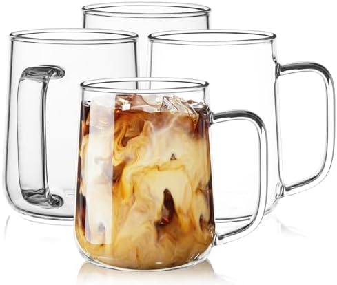 Glass Coffee Mugs, 16 oz Glass Coffee Cups Set of 4, Clear Borosilicate Glass Mugs with Handles for Cappuccino, Tea, Latte, Hot/Cold Beverages, Wine, Americano