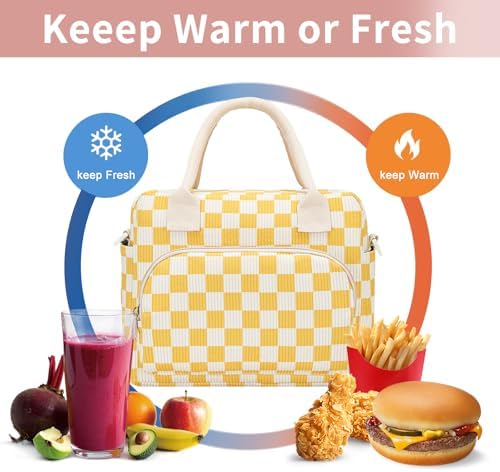 Lunch Bag Women Lunch Box for Women Adult Cute Insulated Lunch Bag Lager Cooler Lunch Tote Bags for Work Picnic (Beige-Yellow Plaid)