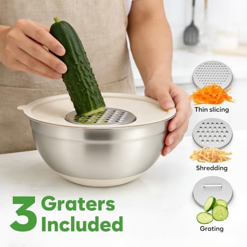 Fire More Mixing Bowls with Airtight Lids Set, Stainless Steel Salad Bowls with Non-Slip Silicone Bottoms, 8PCS Nesting Kitchen Bowls with Colander,Grater Attachments, for Mixing Cooking Prep