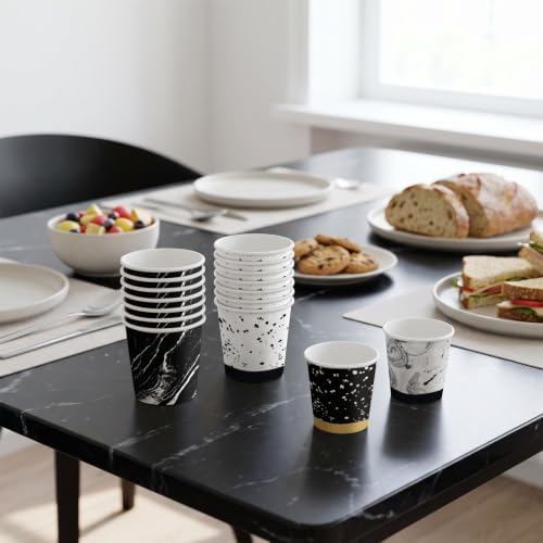 RUSPEPA 3oz Marble Polka Paper Cup Set, 100 Pack Black White Design Disposable Small Party Cups for Bathroom, Mouthwash, Espresso, Wedding, Bridal Shower, Garden Tea Party Supplies