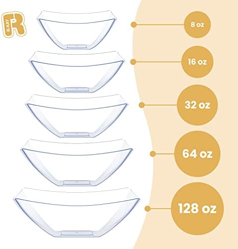 R-kay 6 Pack Square Plastic Serving Bowls - Clear Plastic bowls 16 Oz - Disposable Serving Bowls Heavy Duty For Weddings Catering And Birthday parties