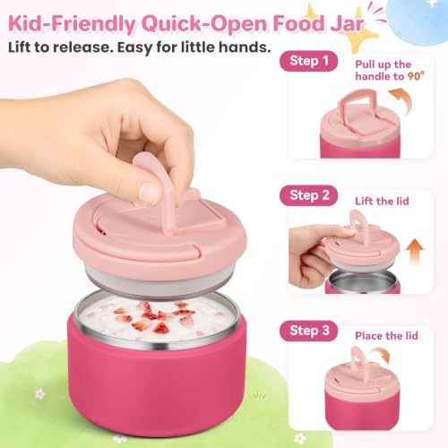 Bento Lunch Box for Kids with 8oz Soup Thermo,Kids Leakproof Lunch Food Containers with 4 Compartment,Kid Insulated Thermo Hot Food Jar for School,Trvael-Pink