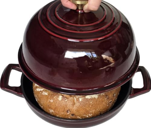 La Cuisine Enameled Cast Iron Round Bread Dutch Oven for Sourdough Crusty Bread & High‑Heat Baking. Oven-Safe 550°F/287°C, Internal Matte Black Enamel Coating, 5 QT, Cranberry