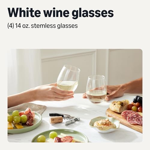 Amazon Basics Stemless White Wine Glasses Set Of 4, 14 Oz Clear Glass, Classic Design for Everyday Dining, Weddings & Parties, Dishwasher-Safe