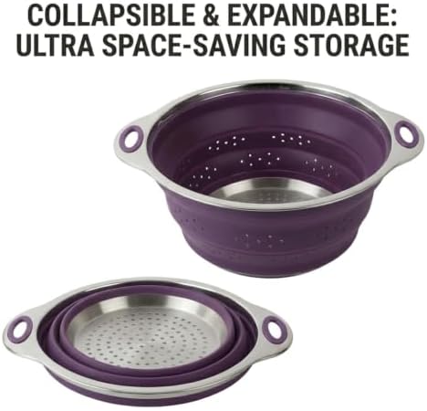 Mejoncb Collapsible Colander – Platinum Silicone Strainer with Stainless Steel Base, BPA-Free & Heat Resistant Kitchen Drain Basket (Purple)