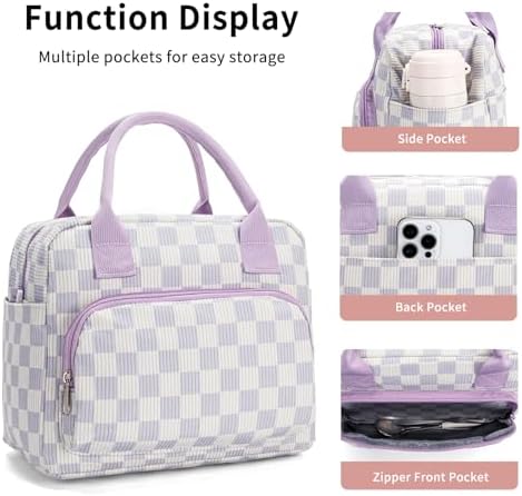Lunch Bag Women Lunch Box for Women Adult Cute Insulated Lunch Bag Lager Cooler Lunch Tote Bags for Work Picnic (Beige-Purple Plaid)