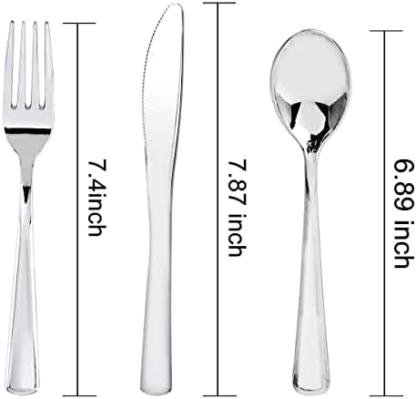 WDF 300 Pieces Silver Plastic Silverware - Plastic Silverware Heavy Duty - 100 Forks 100 Knives 100 Spoons - Disposable Silver Cutlery Perfect for Party/Wedding/Christmas