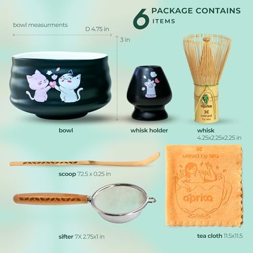 Aprika Life Matcha Whisk Set 6 Pcs - Ceramic Matcha Bowl, Bamboo Whisk, Matcha Whisk Holder, Scoop, Sifter & Tea Cloth - Traditional Handmade Matcha Set - Unfurl Black with Cat print
