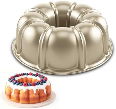 10 Inch Cake Pan, Nonstick Round Fluted Tube Cake Baking Pan, Buntz Pound Cake Mold,Tube Bakeware,Baking Mold for Jello/Gelatin/Chocoflan, Non Toxic, Easy Clean - Gold