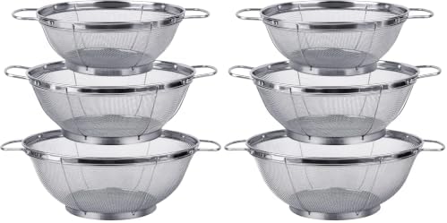 6 Pack 18/8 Stainless Steel Colander Sieves(5-Quart, 4-Quart and 3-Quart), Mesh Strainer Net Baskets with Handles & Resting Base for Strain, Drain, Rinse or Steam