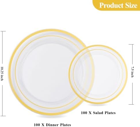Goodluck 200PCS Clear Gold Plastic Plates, Heavy Duty Disposable Plates