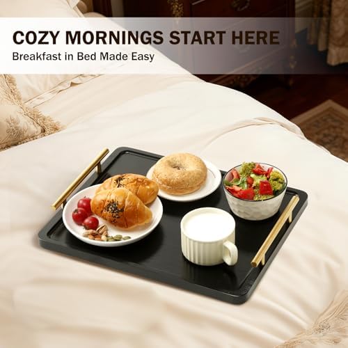PEKER Wooden Serving Tray with Metal Handles, Black Decorative Coffee Table Tray for Breakfast in Bed, Ottoman & Home Décor, Wooden Food Tray for Kitchen, Living Room & Dining Table